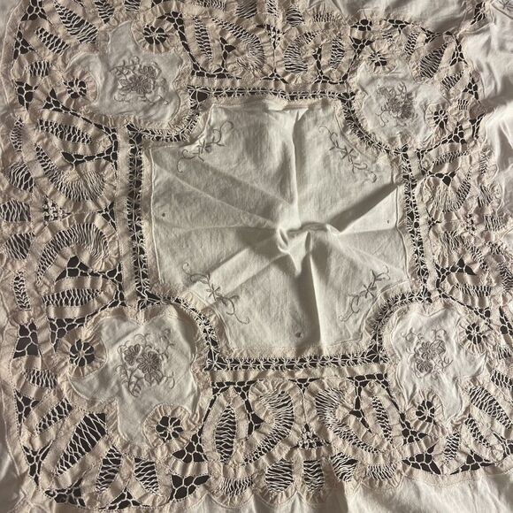 VTG Battenberg Cutwork Lace Ivory Linen Tablecloth Hand Embroidered W/6 Napkins - Picture 13 of 16